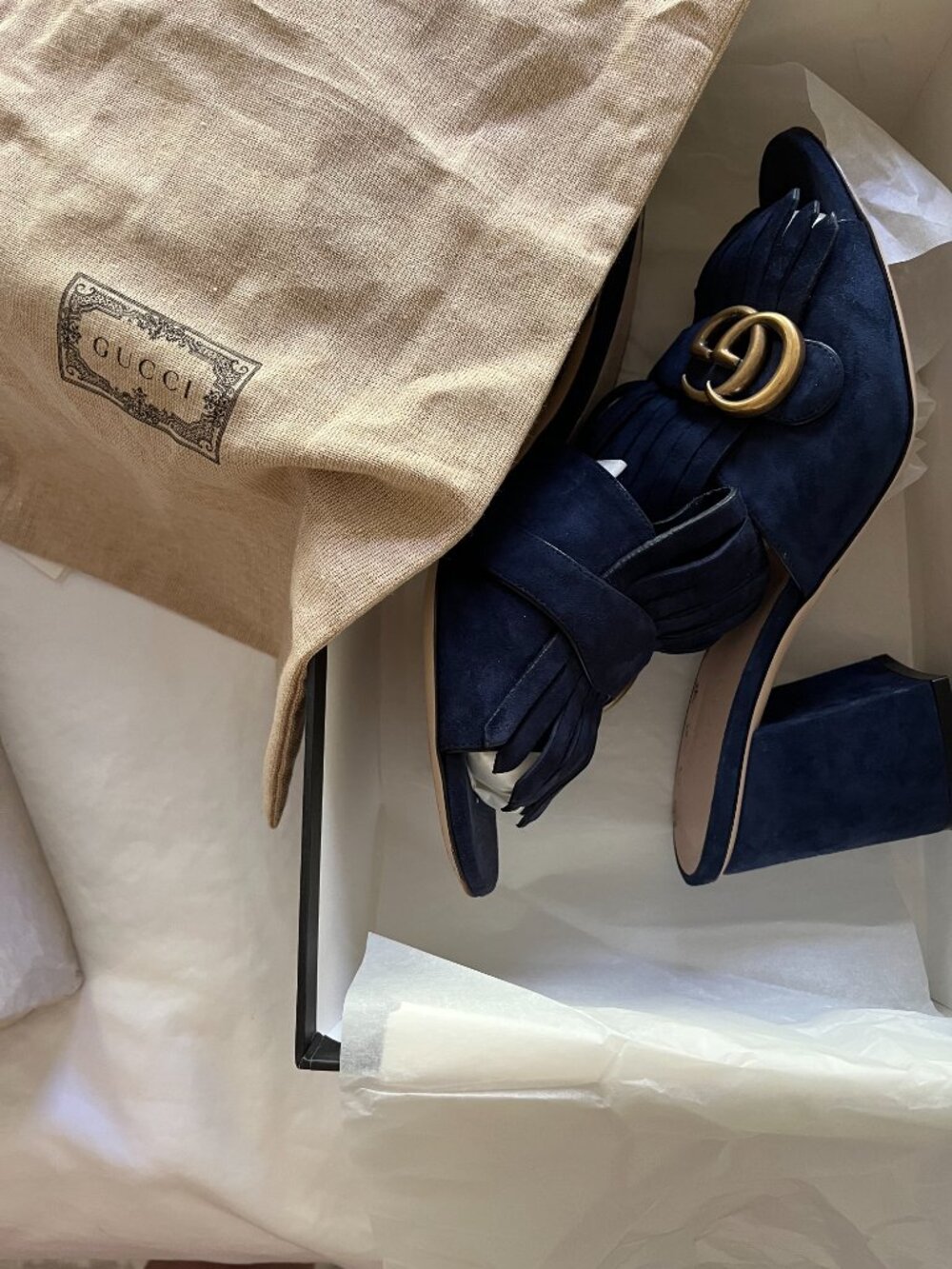 Gucci GG Marmont Fringe Suede Mule Sandals Blue Ink 38.5 w/ Box Dust Bag - Picture 9 of 10